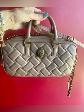 Kurt Geiger NWT Taupe Leather Small Duffle/Crossbody with Crystal Bronze Eagle